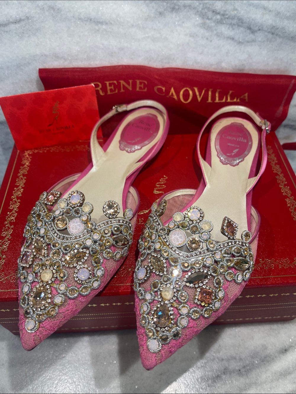 Rene Caovilla Fuxia Shocking Lace Lamb/Vintage Slingback Shoes size 37